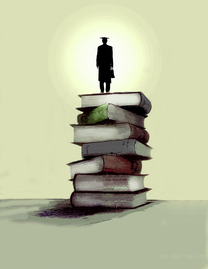 Graduate Standing On Pile Of Books Photograph by Ikon Ikon Images