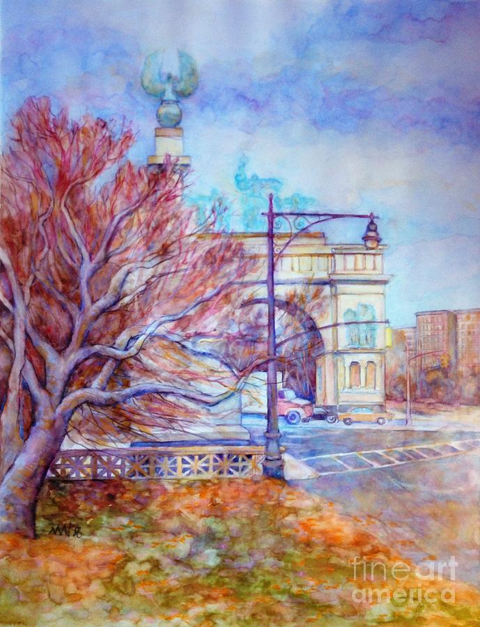 Grand Army Plaza with Lamppost and Tree Painting by Nancy Wait