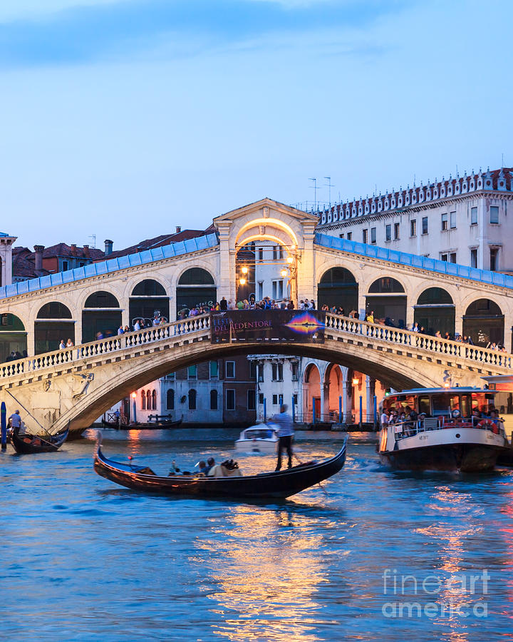 Sunset Photograph - Grand canal and Rialto bridge at dusk - Venice by Matteo Colombo