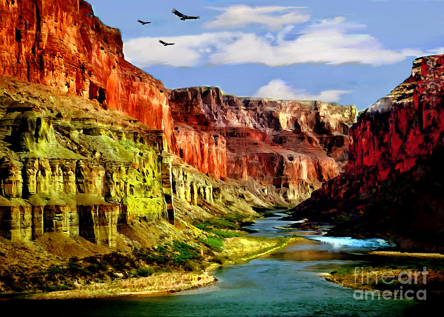 Grand Canyon National Park Painting - California Condors Grand Canyon Colorado River by Bob and Nadine Johnston
