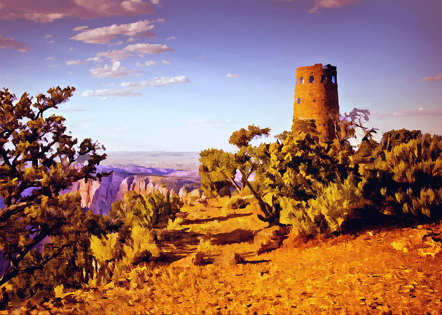 Landscape Painting - Grand Canyon National Park Golden Hour Watchtower by Bob and Nadine Johnston