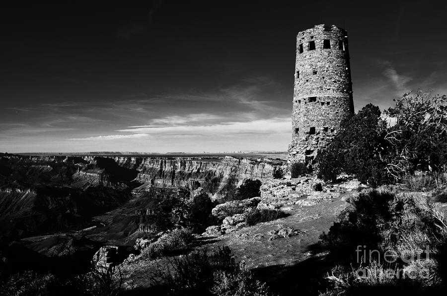 Grand Canyon National Park Mary Colter Designed Desert View Watchtower Black and White Photograph by Shawn OBrien