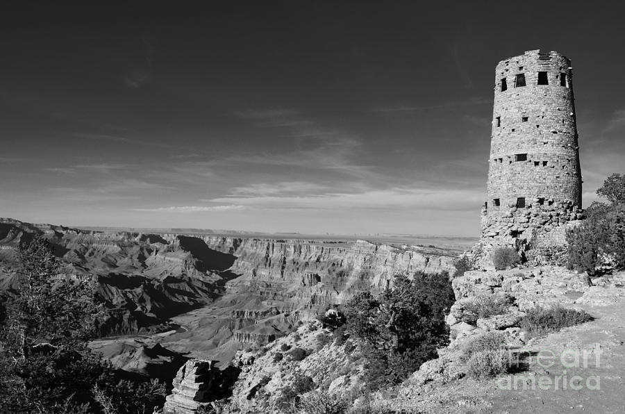 Grand Canyon National Park Mary Colter Designed Desert View Watchtower Near Sunset Black and White Photograph by Shawn OBrien