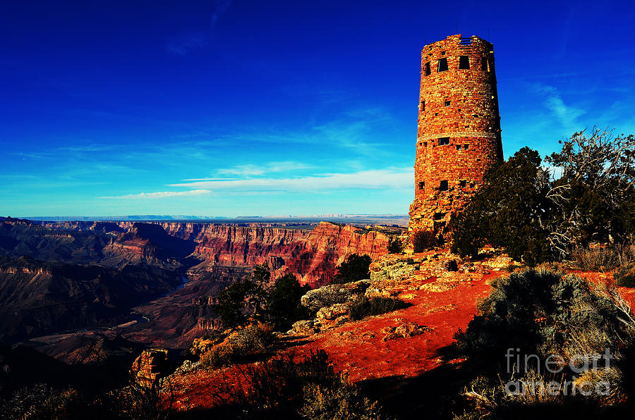 Grand Canyon National Park South Rim Mary Colter Designed Desert View Watchtower Vivid Digital Art by Shawn OBrien