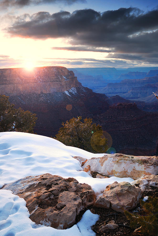 Grand Canyon sunrise in winter with snow Photograph by Songquan Deng