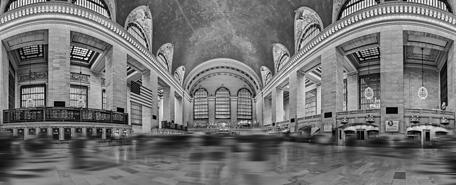 New York City Photograph - Grand Central Terminal 180 Panorama BW by Susan Candelario