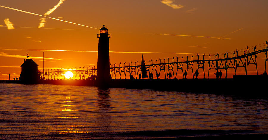 Grand Haven Lighthouse At Sunset, Grand Photograph by Panoramic Images