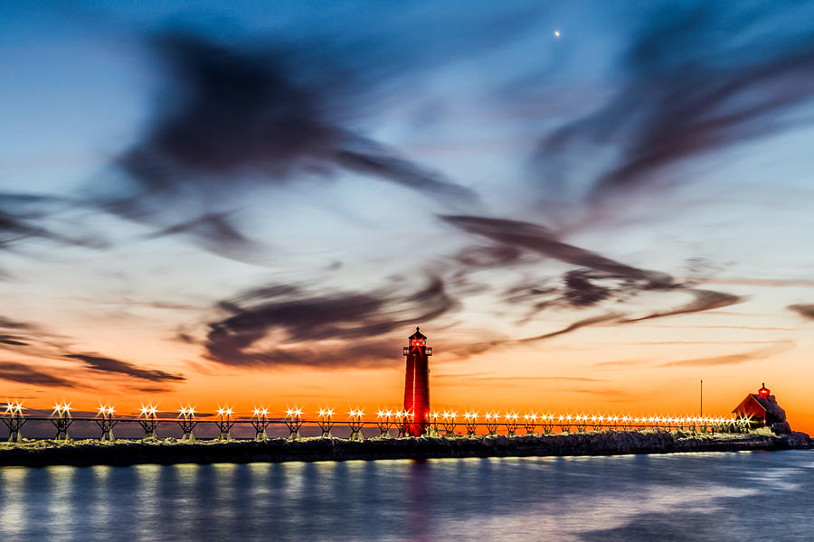 Grand Haven Lighthouse Light Show Photograph by Joe Holley
