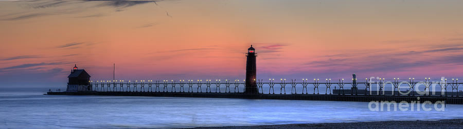 Black And White Photograph - Grand Haven Lighthouses and Pier by Twenty Two North Photography