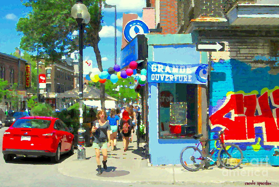 Grand Opening Blue Boy Frozen Yogurt Icecream Mont Royal Colorful Cafe Corner Montreal Art C Spandau Painting by Carole Spandau