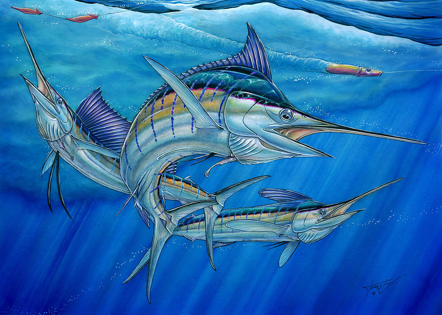 White Marlin Painting - Grand Slam And Lure. by Terry Fox