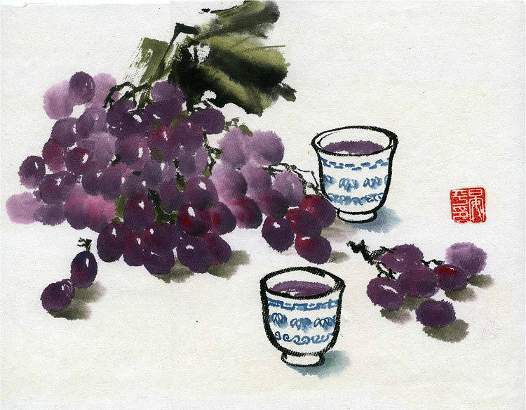 Grape and Wine Painting by Ping Yan