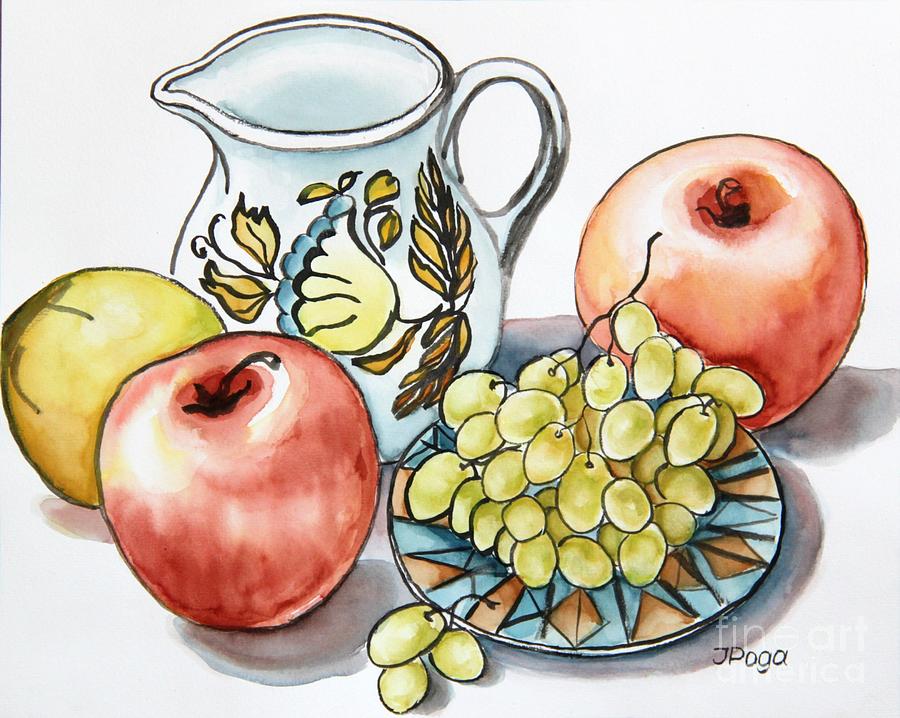 Grapes and White Pitcher Still Life Painting by Inese Poga