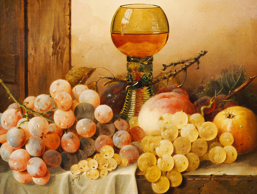 Edward Ladell Painting - Grapes apples plums and a peach with hock glass on draped ledge by Edward Ladell
