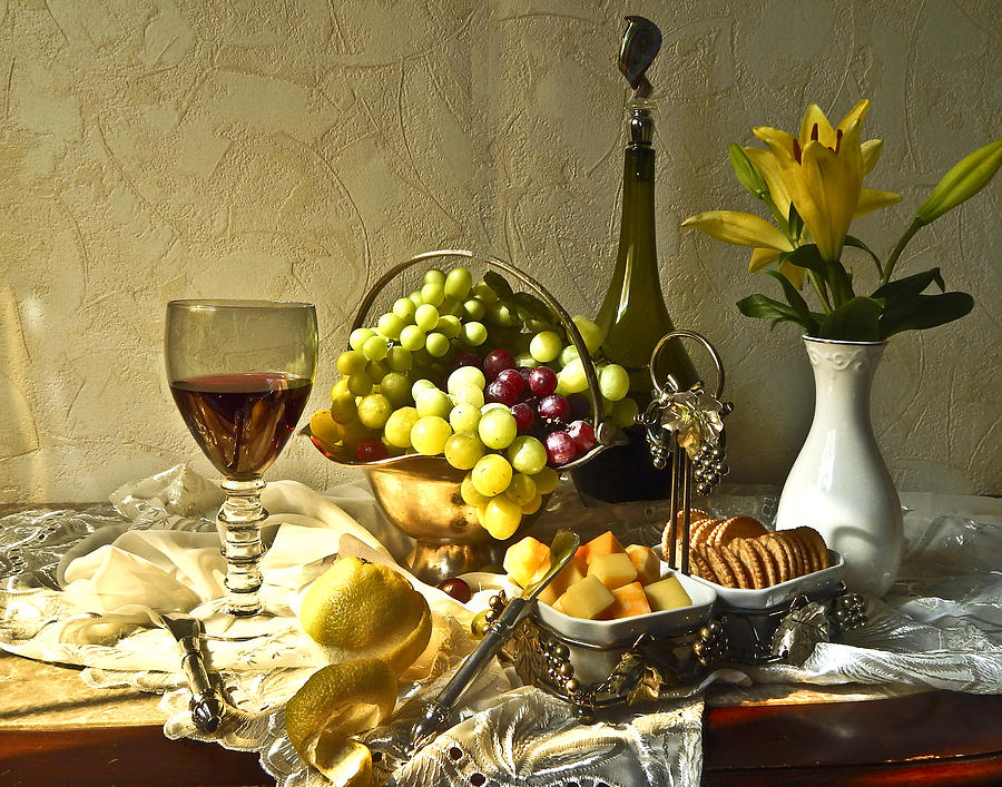 Grapes Wine and Lily Still Life Art Poster Photograph by Lily Malor