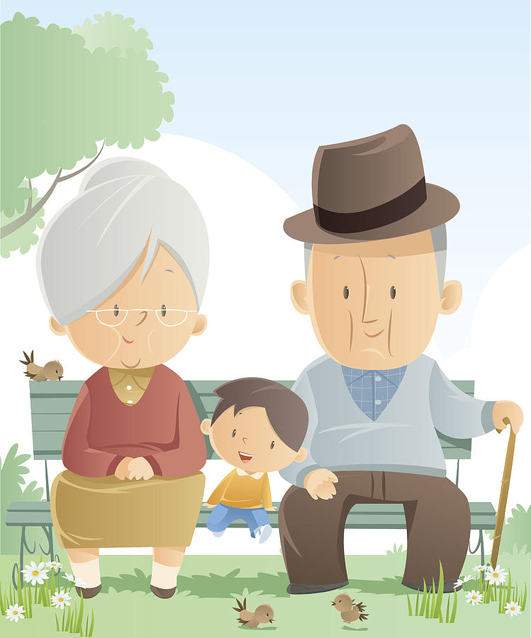 Graphic of grandparents and grandson sitting on a park bench Drawing by Pijama61