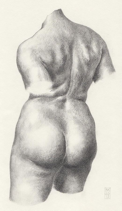 Female Nude Drawing - Graphite Drawing of Bronze-Torso Maillol Sculpture Chained Action by Scott Kirkman