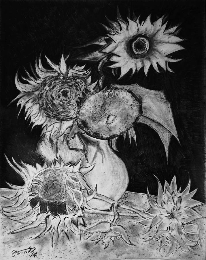 Graphite Pencil Replica Of Vincents Still Life Vase With 5 Sunflowers Drawing