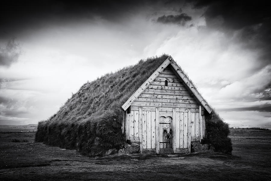 Grass roof building Skalholt Iceland black and white Photograph by Matthias Hauser