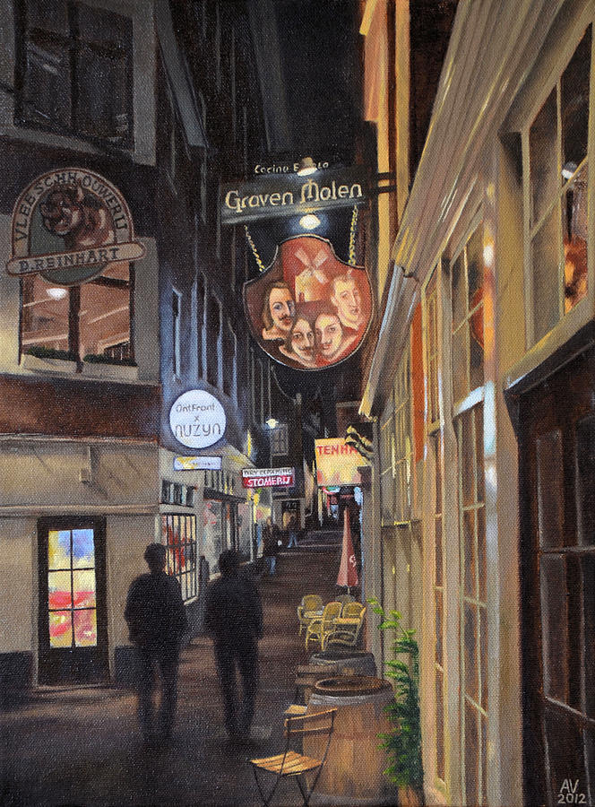 Graven Molen - Amsterdam Night Scene Painting by Alex Vishnevsky