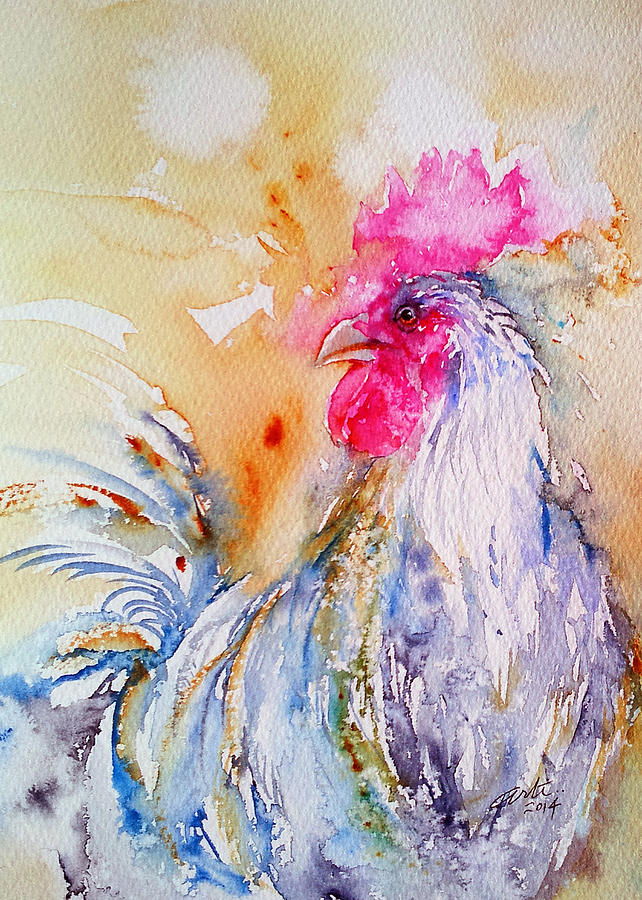 Gray Feathered Rooster Painting by Arti Chauhan