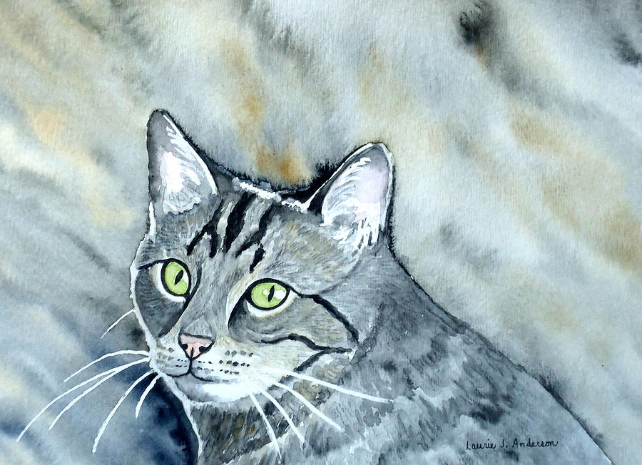 Gray Tabby Cat Painting by Laurie Anderson