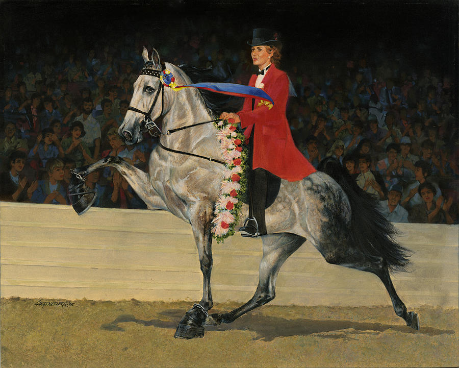 Horse Show Painting - Gray Tennessee Walking Horse - Female red coat by Don  Langeneckert