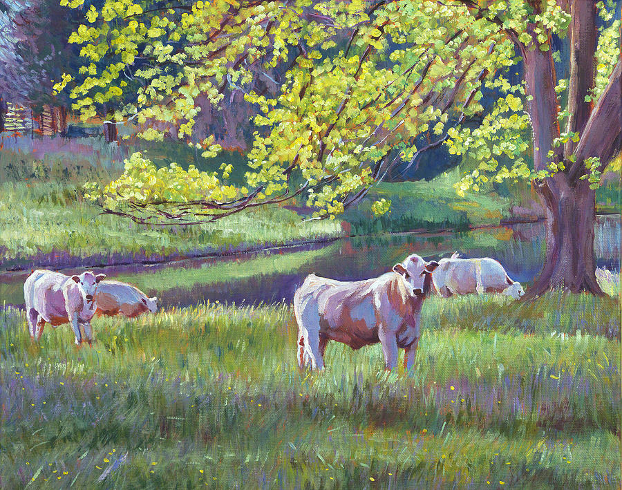 Cow Painting - Grazing By the Lake by David Lloyd Glover