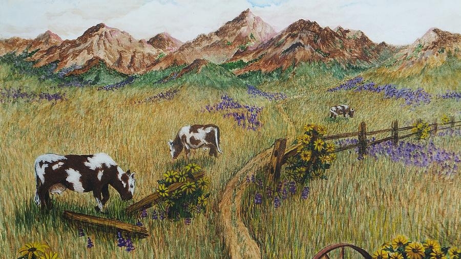 Grazing Cows Painting by Katherine Young-Beck