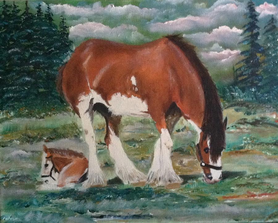 Grazing Horses Painting by Ryszard Ludynia
