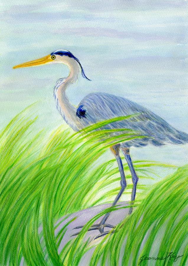 Great Blue Heron in Grass Painting by Jeanne Juhos