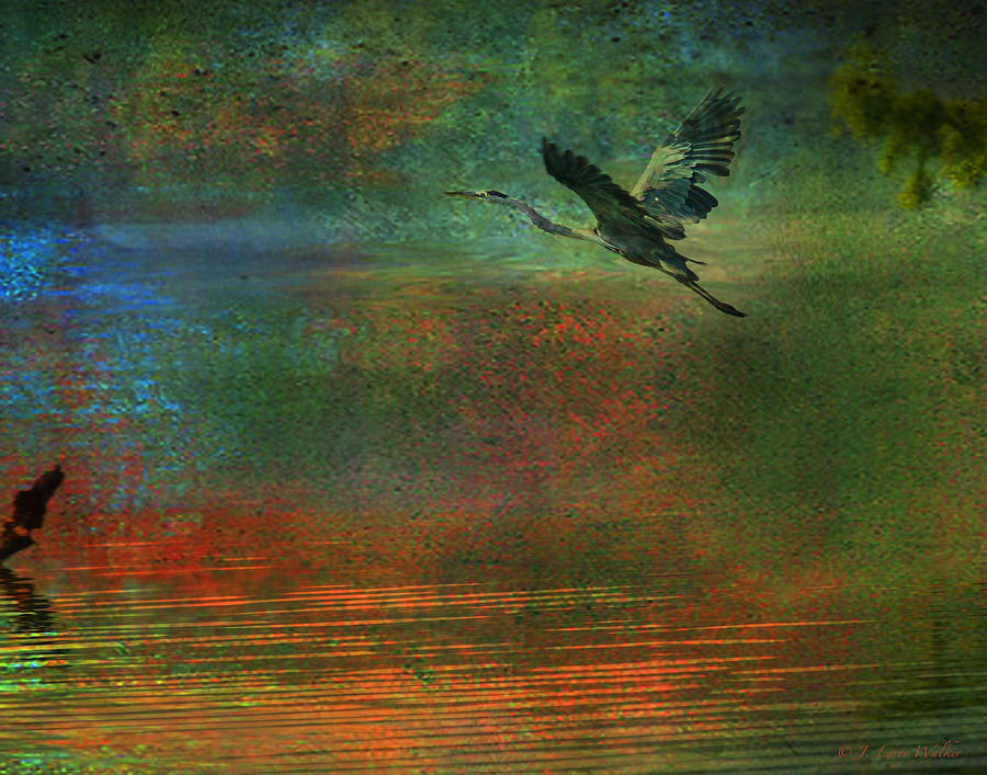 Great Blue Heron In Mystic Flight Digital Art by J Larry Walker