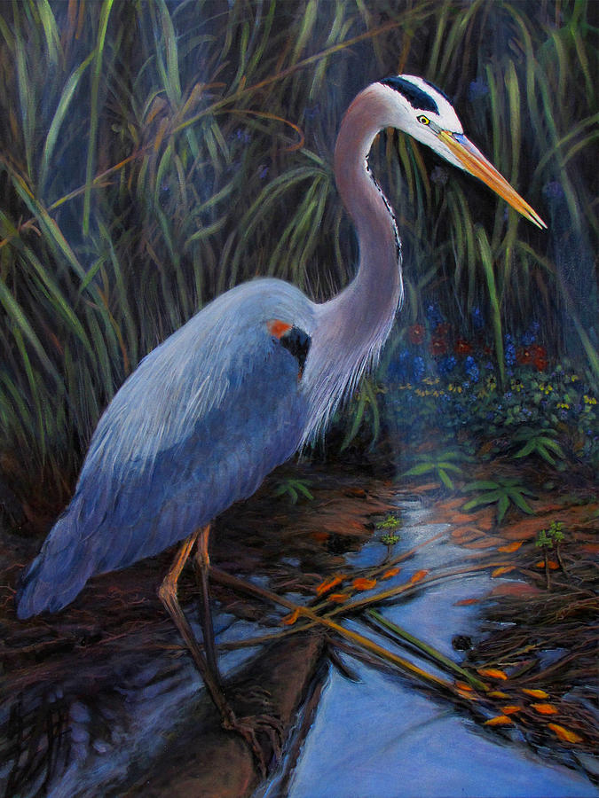Heron Painting - Great Blue Heron in the Backwater by Charles Wallis