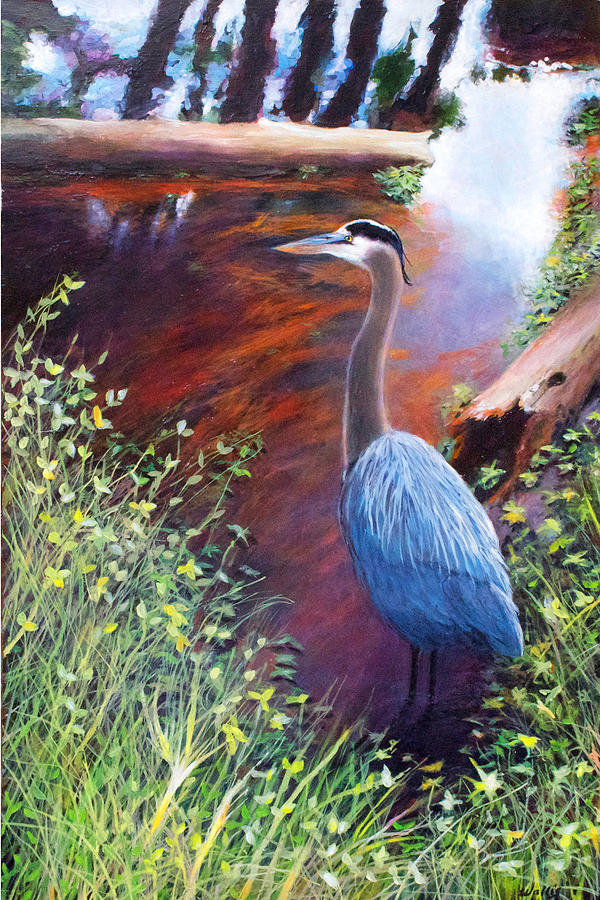 Bird Painting - Great Blue Heron In The Pine Needle Slough by Charles Wallis
