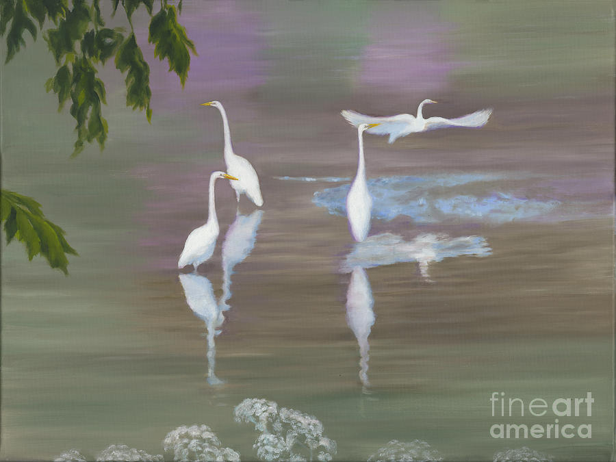 Egret Painting - Great Egrets Carey Bay Number One by Guy C Lockwood