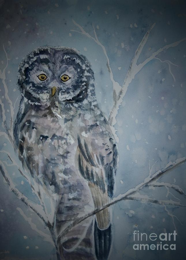 Owl Painting - Great Gray Owl Dark of Night by Ellen Levinson