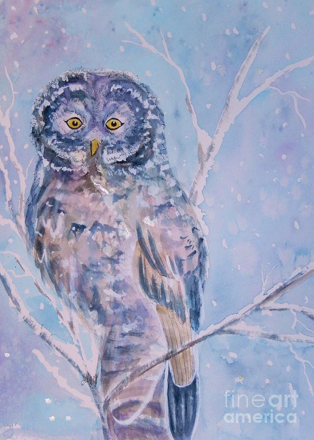 Great Gray Owl in Blue and Purple Painting by Ellen Levinson