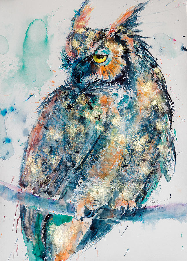 Great horned owl in gold Painting by Kovacs Anna Brigitta