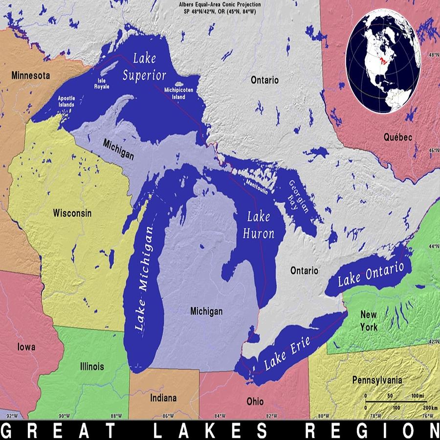 Great Lakes Exotic Map Mixed Media by Florene Welebny