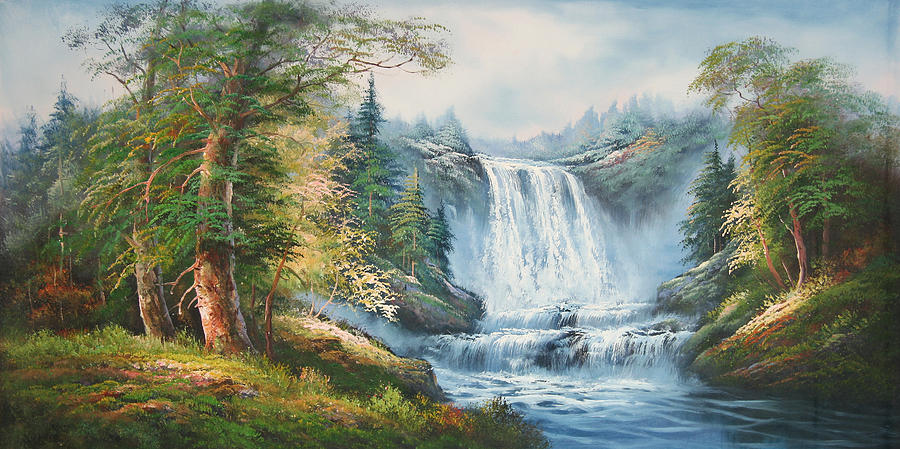 Great Waterfall With Green Trees Painting by Unknown - Fine Art America