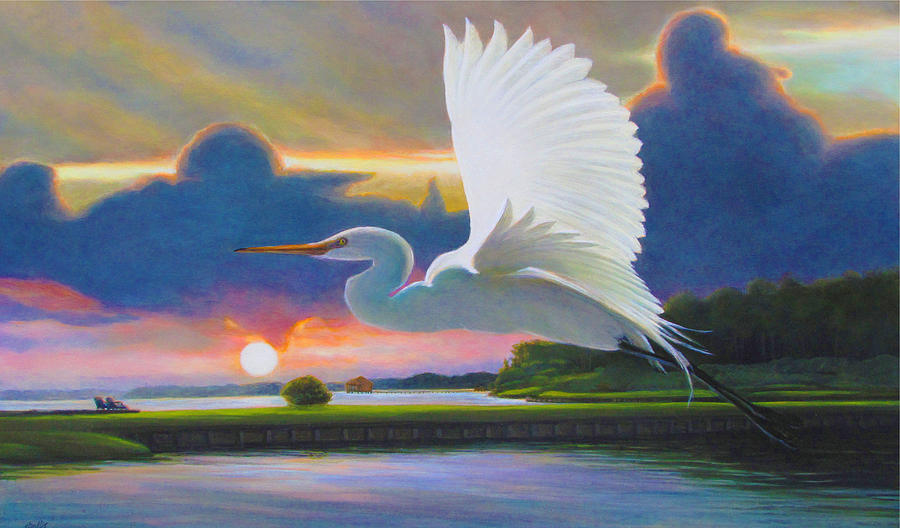 Egret Painting - Great White Egret Sunrise Flight by Charles Wallis