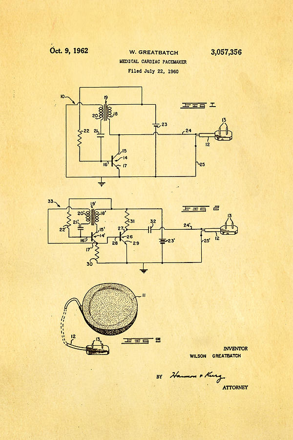 Vintage Photograph - Greatbatch Cardiac Pacemaker Patent Art 1962 by Ian Monk