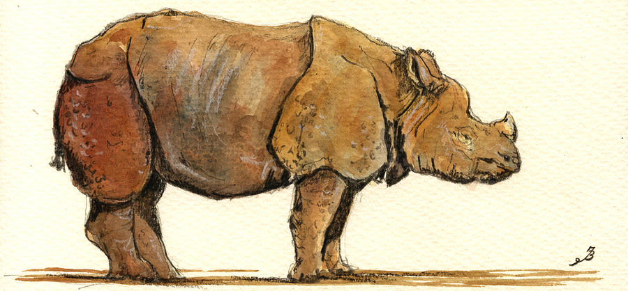 Wildlife Painting - Greated one horned rhinoceros by Juan  Bosco
