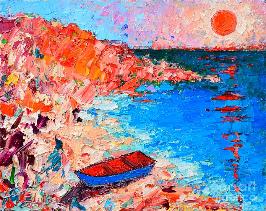 Greek Painting - Greece - Santorini Island - Fishing Boat On Akrotiri Beach At Sunrise by Ana Maria Edulescu