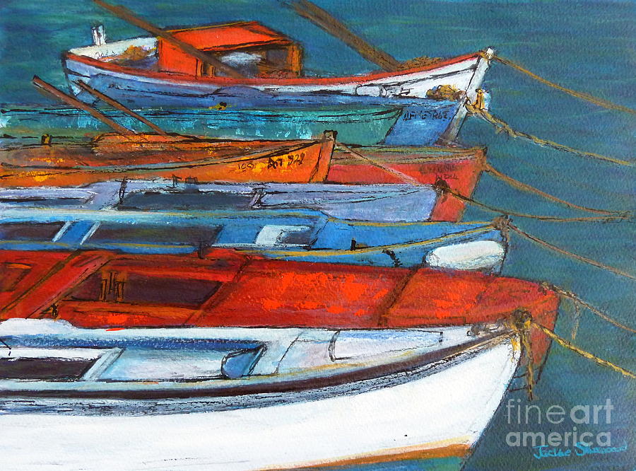 Greek Boats - Methoni Painting by Jackie Sherwood