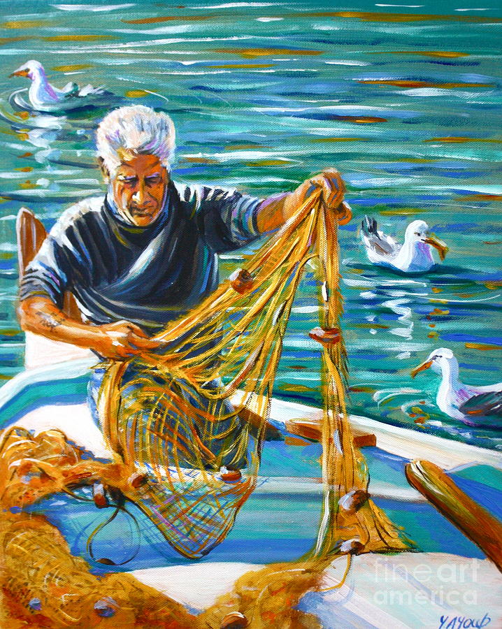 Seagull Painting - Greek Fisherman by Yvonne Ayoub