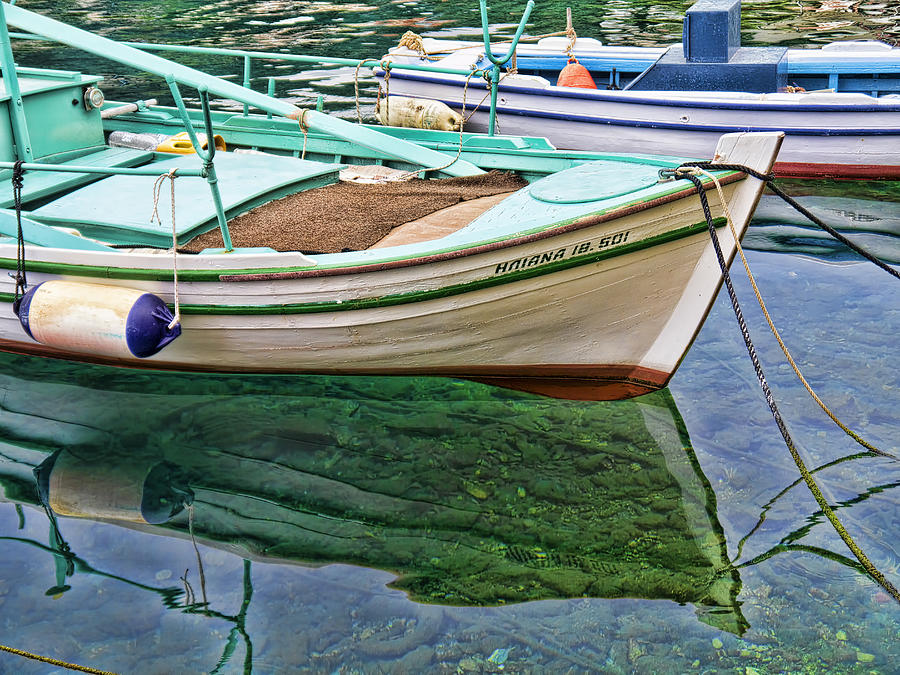 Greek fishing boat reflection Photograph by Gillian Singleton