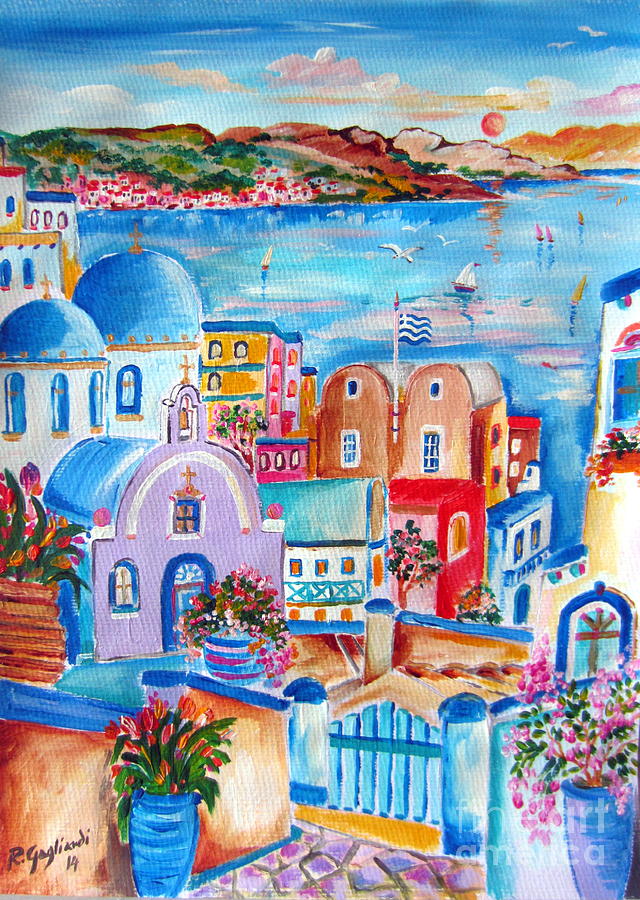 Greek Flag in Santorini Painting by Roberto Gagliardi
