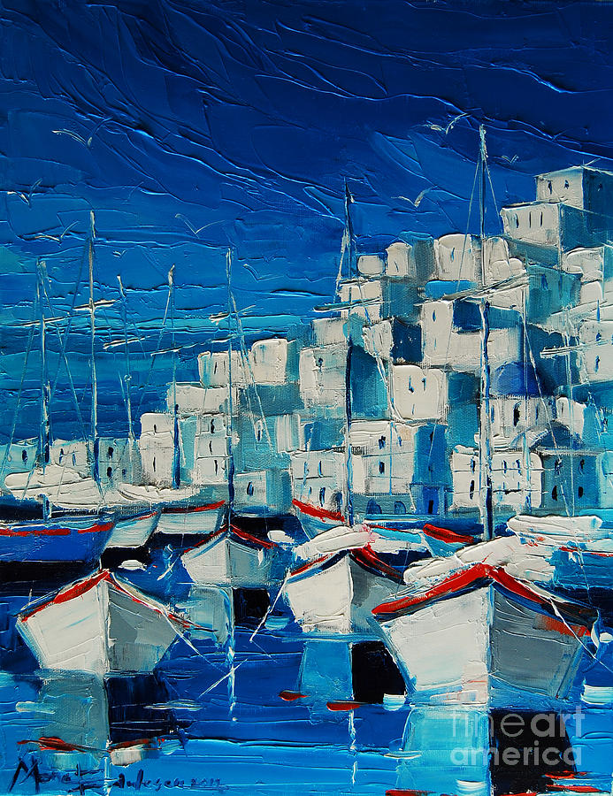 Greek Harbor Painting by Mona Edulesco