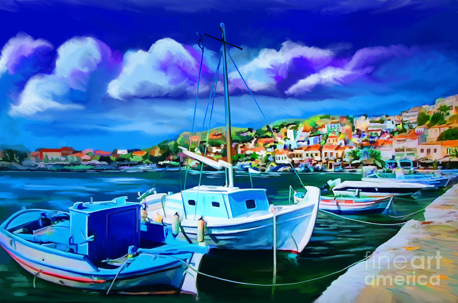 Greek Harbor Painting by Tim Gilliland
